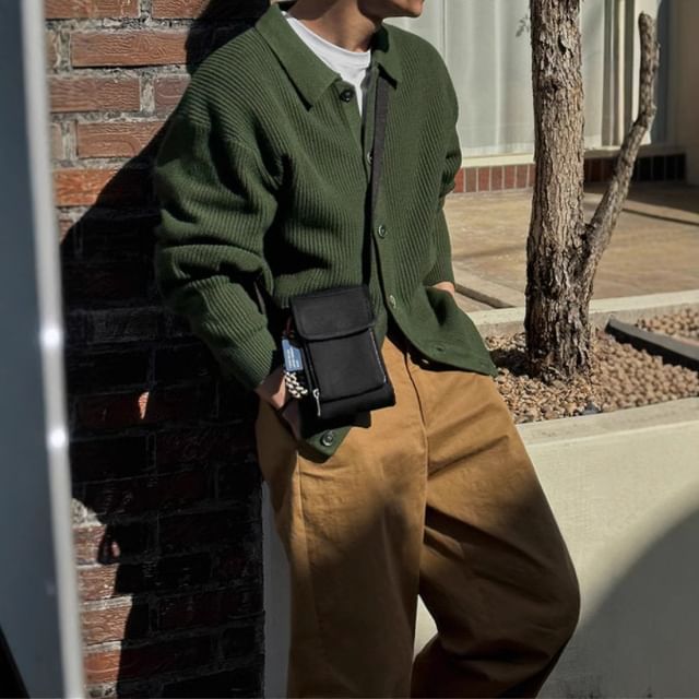 Omozando-Collar Plain Ribbed Cardigan