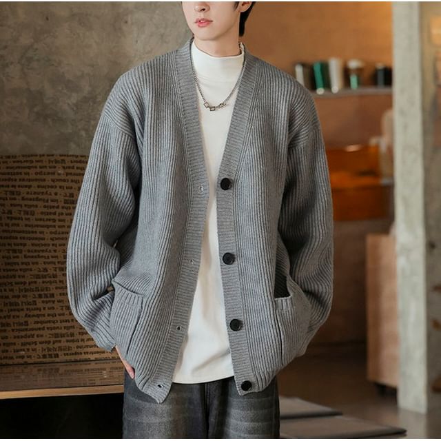 Bay Go Mall-V-Neck Plain Ribbed Button-Up Cardigan