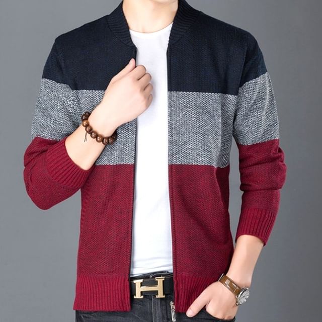 FORSETI-Stand Collar Color Block Zip-Up Cardigan