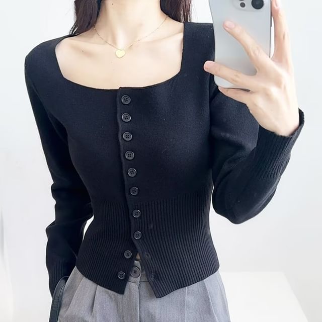 Ulark-Square Neck Plain Cardigan