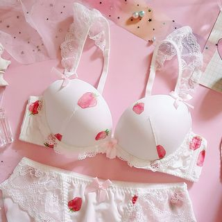 Strawberry Print Lingerie Set, Intimates Bra & Thong, Women's Sexy Lingerie  & Underwear