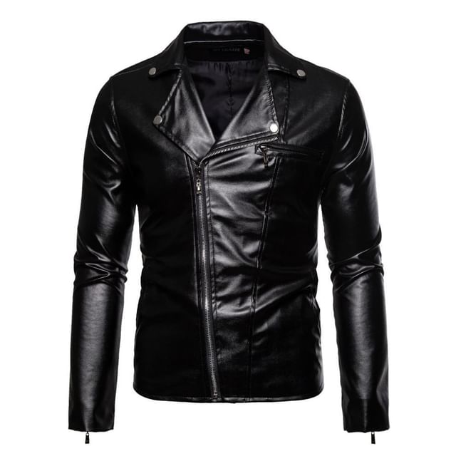 Aozora-Faux Leather Zip-Up Jacket