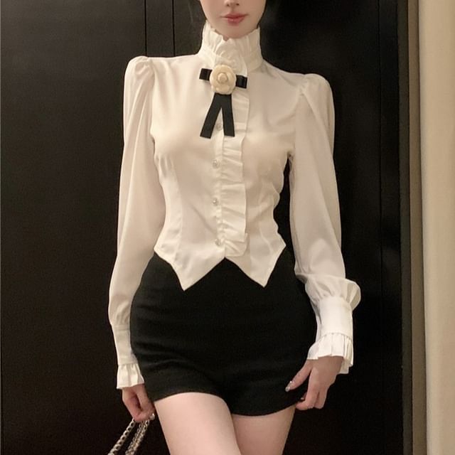 Magma-Long-Sleeve Stand Collar Asymmetrical Shirt
