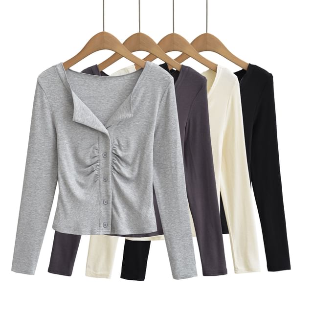 Asiris-Long-Sleeve Split Neck Plain Ruched Ribbed Button-Up Slim Fit T-Shirt