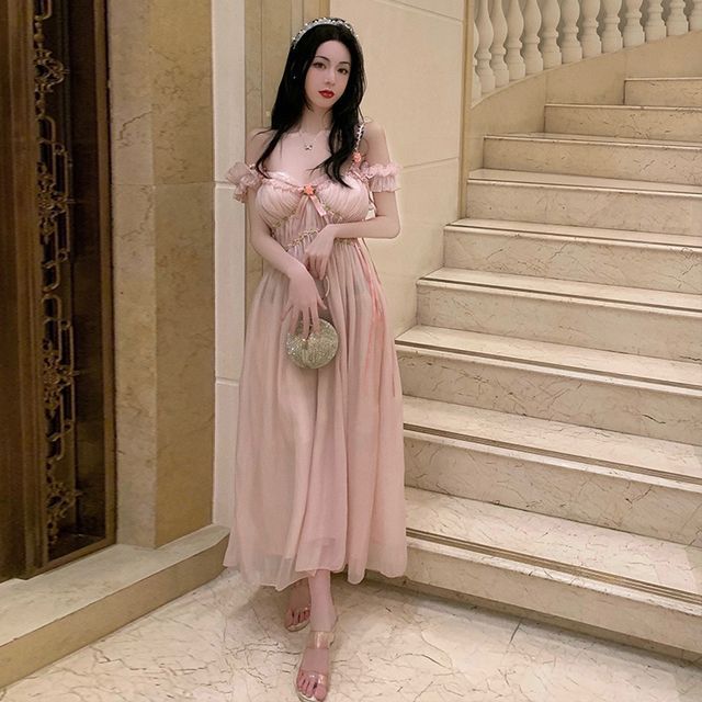 wow pink dress WOW!NITE - Off-Shoulder Ruffled Midi A-Line Dress