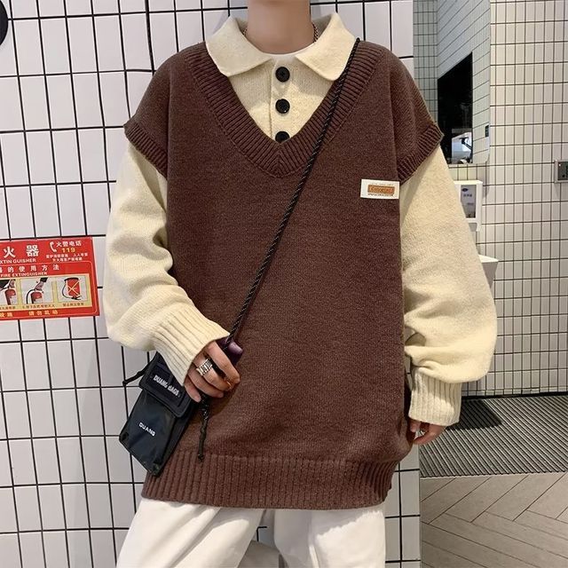 jaywoon - Collar Two Tone Mock Two-Piece Oversized Sweater