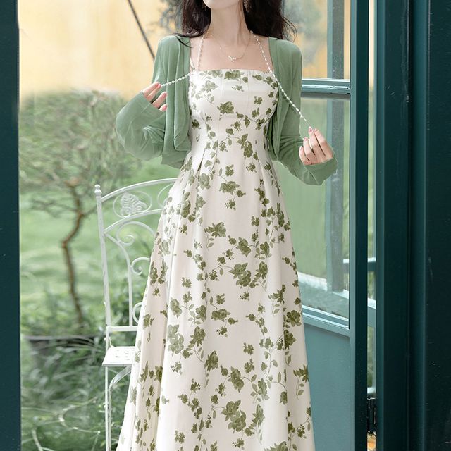 Fioridi Spaghetti Strap Floral Maxi A-Line Dress Crop Cardigan