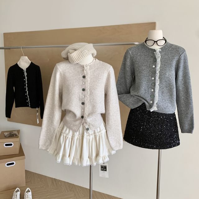 Dute-Crewneck Frill Trim Button-Up Cardigan