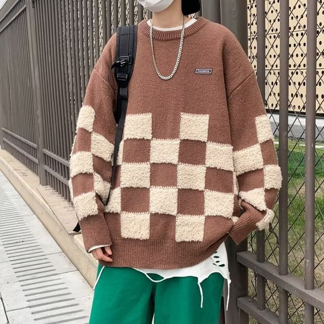 Ateso-Crewneck Checkerboard Sweater