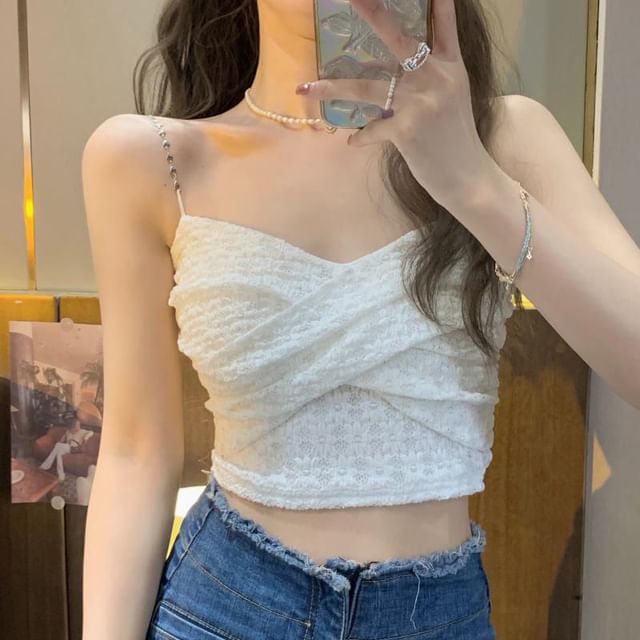 Sisyphi-V-Neck Lace Crop Camisole Top