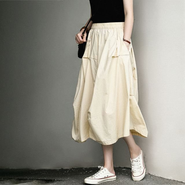 INEN-Elastic Waist Plain Ruched Wide Leg Pants