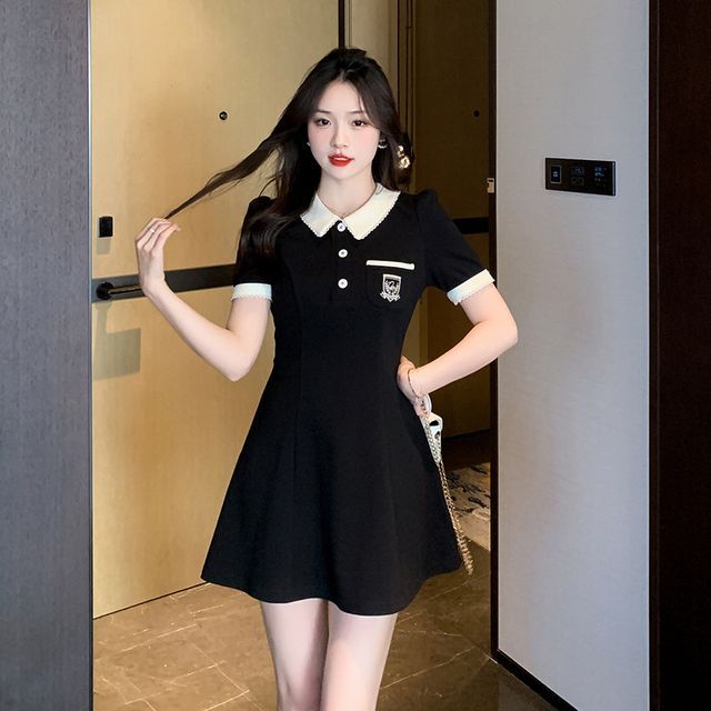 Sienne - Short-Sleeve Two Tone Mini A-Line Polo Dress | YesStyle