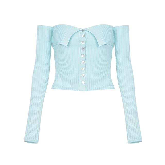 Colada-Long-Sleeve Off-Shoulder Plain Ribbed Tee