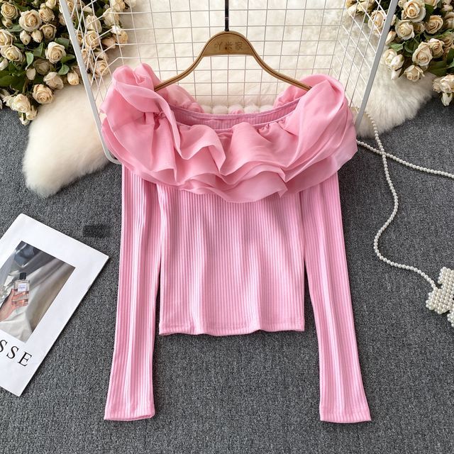 Yearnin Long-Sleeve Off-Shoulder Plain Layered Ruffle Trim