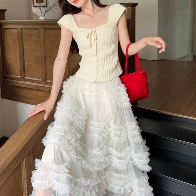 Joyciful-Cap-Sleeve Square Neck Plain Ribbed Top High Waist Plain Ruffle Trim Maxi A-Line Skirt