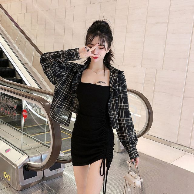 Plaid Spaghetti Strap Dress With Shirt Under NENE Set: Spaghetti