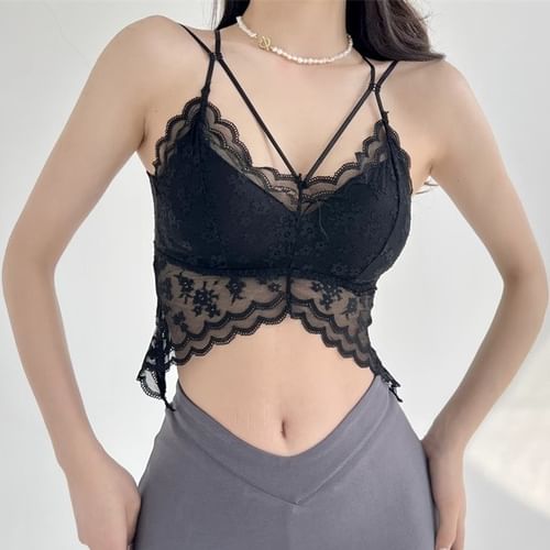 Firebird - Plain Asymmetrical Lace Panel Bra Top | YesStyle