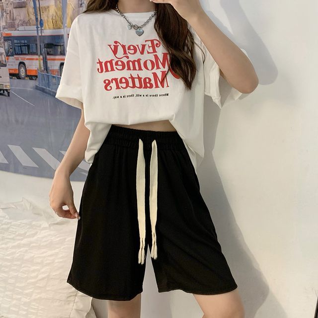 Everose-Drawstring Waist Plain Sweat Shorts