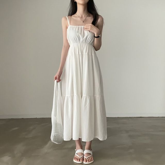 Tulstrix-Spaghetti Strap Plain Panel Maxi A-Line Dress