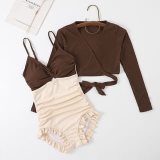 Floral Closet Set: Spaghetti Strap Two Tone Knot Frill Trim Swimsuit + Long-Sleeve