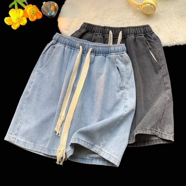 Acrius-Drawstring Waist Washed Denim Shorts
