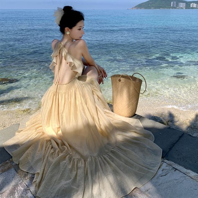 Moanum-Sleeveless Open Back Plain Maxi A-Line Dress