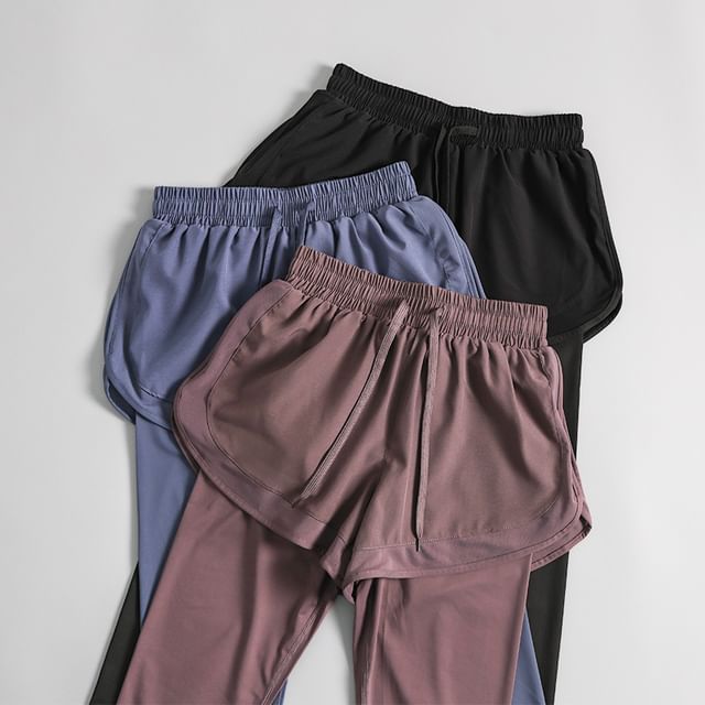 Runyz-Drawstring Waist Plain Mock Two-Piece Yoga Pants