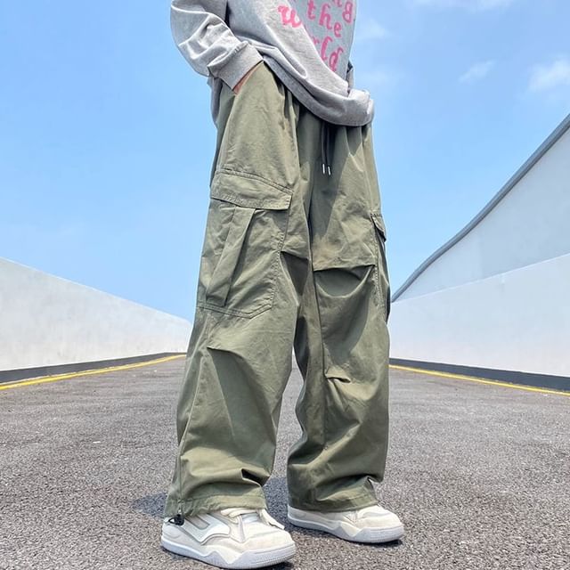 Lorencho-Mid Rise Plain Wide Leg Cargo Pants