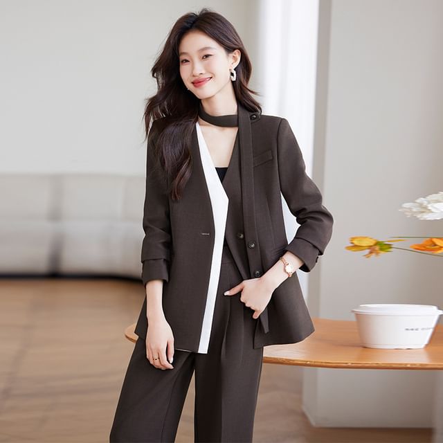 Skyheart-V-Neck Plain Single Button Blazer Mid Rise Plain Wide Leg Dress Pants Set