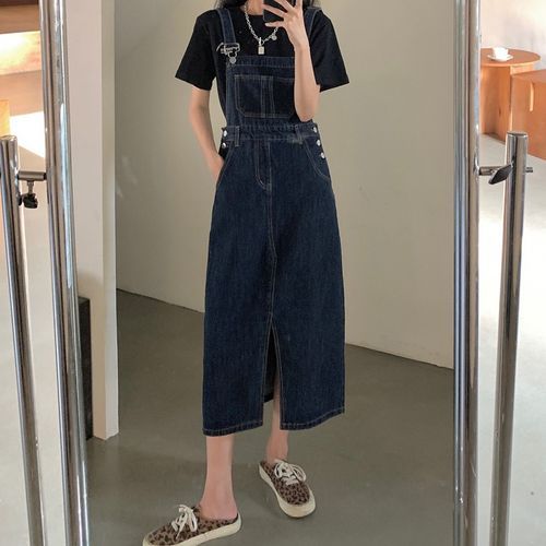 Spaghetti Strap Washed Denim Midi Dungaree Dress