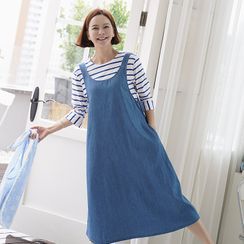 Lemite - Flared Denim Midi Pinafore Dress Lemite - Flared Denim Midi Pinafore Dress