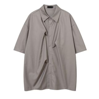 Zentrus-Short-Sleeve Plain Shirred Button-Up Shirt