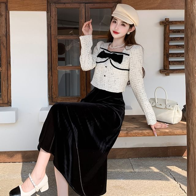 Tanzil Set: Tweed Plaid Bow Button-Up Jacket High Waist Midi A