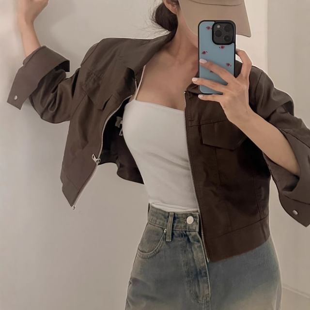 MIKIGA-Collar Plain Faux Leather Crop Zip Jacket