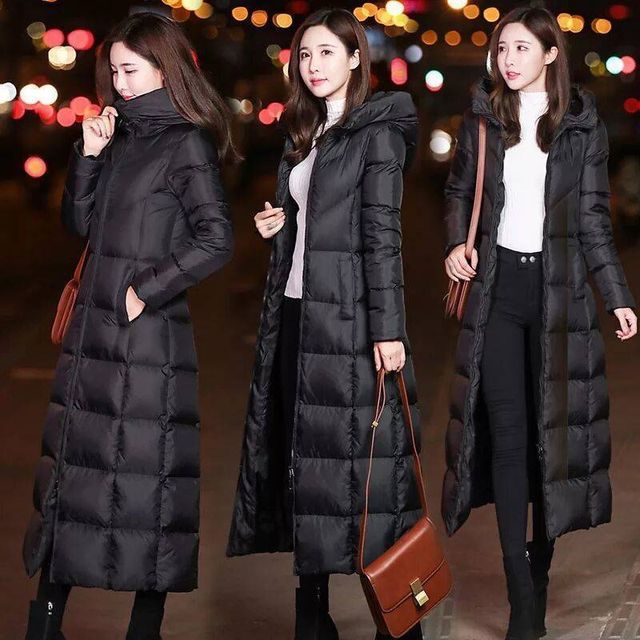 INEN-Stand Collar Plain Hood Midi Zip Puffer Coat