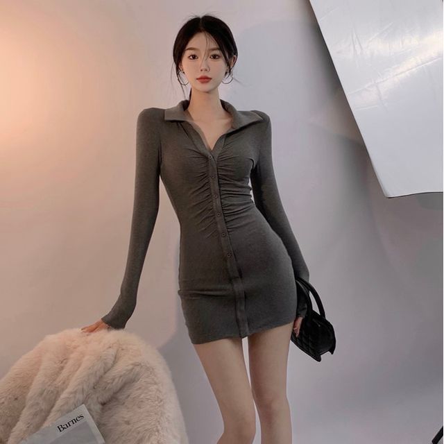 knee length dresses for ladies Showing Sleek V-Neck Long Sleeve Button Down Bodycon Dress – Shop Goldie's main image 0