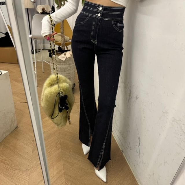 Jesong-High Rise Contrast Stitched Slit Bootcut Jeans