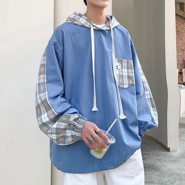 Rampo - Drawstring Plaid Panel Hoodie 