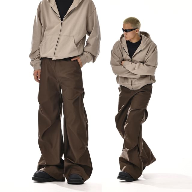 Meiksip-Mid Rise Plain Ruched Flared Pants