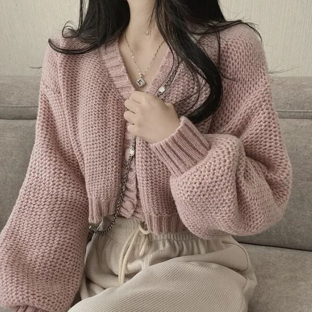 darkroesin V-Neck Plain Button-Up Crop Cardigan YesStyle