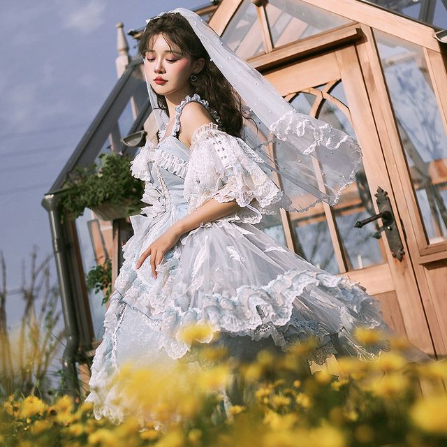 Noreun - Elbow-Sleeve Lace Trim Dress 