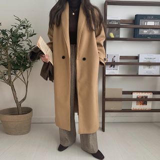 MERONGSHOP - Shawl-Collar Long Coat with Sash | YesStyle