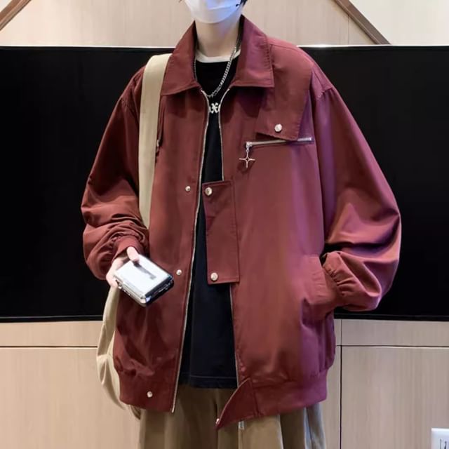 Neonity Wear-Collared Plain Zip Button Jacket