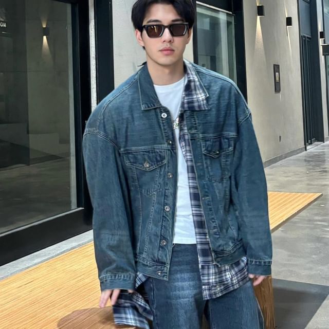 DragonRoad-Collared Mock Two-Piece Asymmetrical Plaid Panel Washed Button-Up Denim Jacket