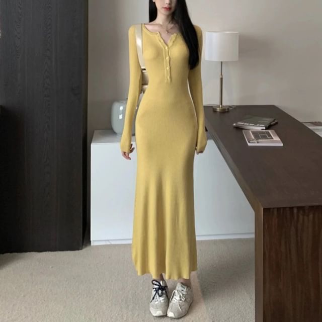 Asiris-Long-Sleeve Crew Neck Plain Ribbed Half-Buttoned Maxi Sheath Knit Dress