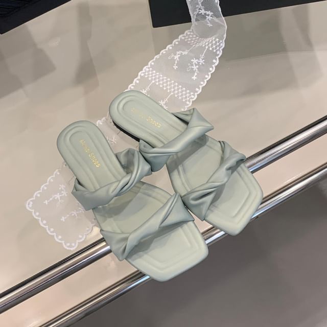 Anran-Low Heel Square Toe Plain Twisted Sandals