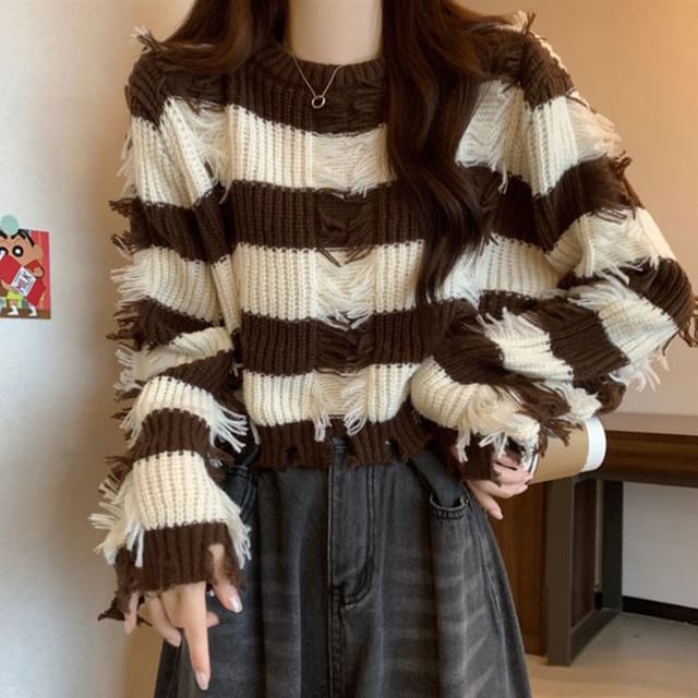 Sisyphi-Crew Neck Striped Distressed Sweater