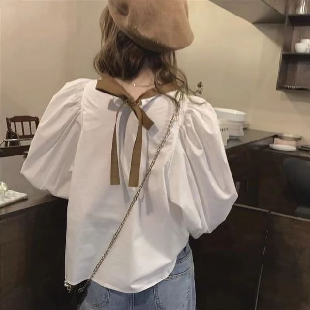 Everose-Puff-Sleeve Contrast Trim Blouse