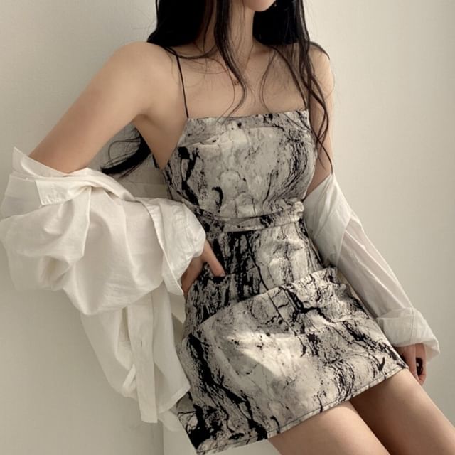 Tulstrix-Spaghetti Strap Tie Dye Mini A-Line Dress
