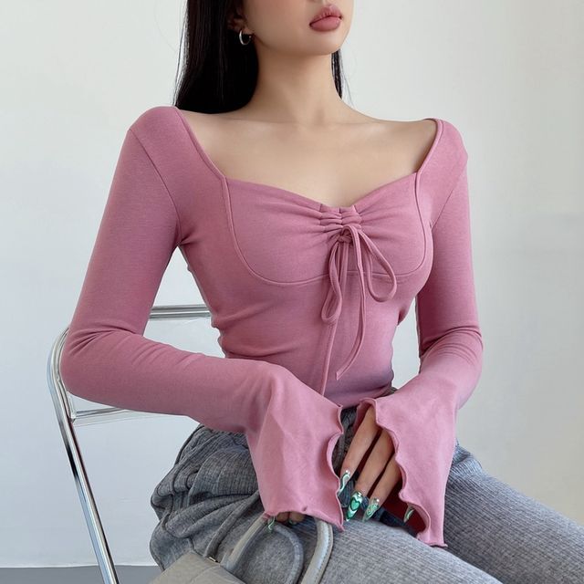 LIVIE-Long-Sleeve Plain Drawstring Slim Fit Tee